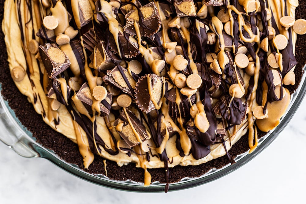 Up close overhead look of peanut butter pie in pie dish