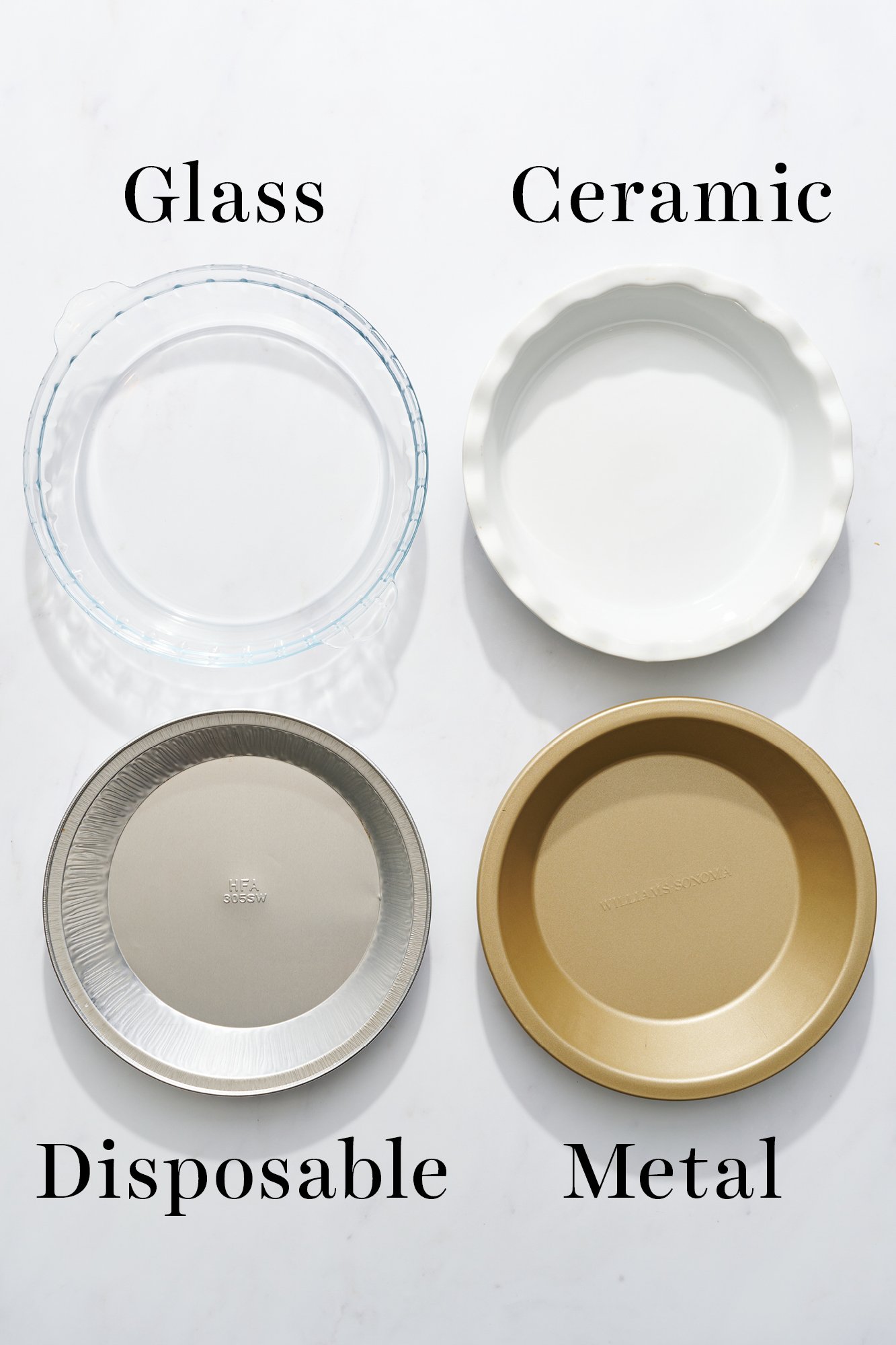 glass, ceramic, disposable, and metal pie pans