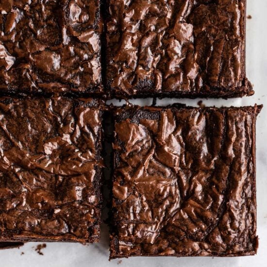 overhead shot of brown butter brownies with crinkly crust