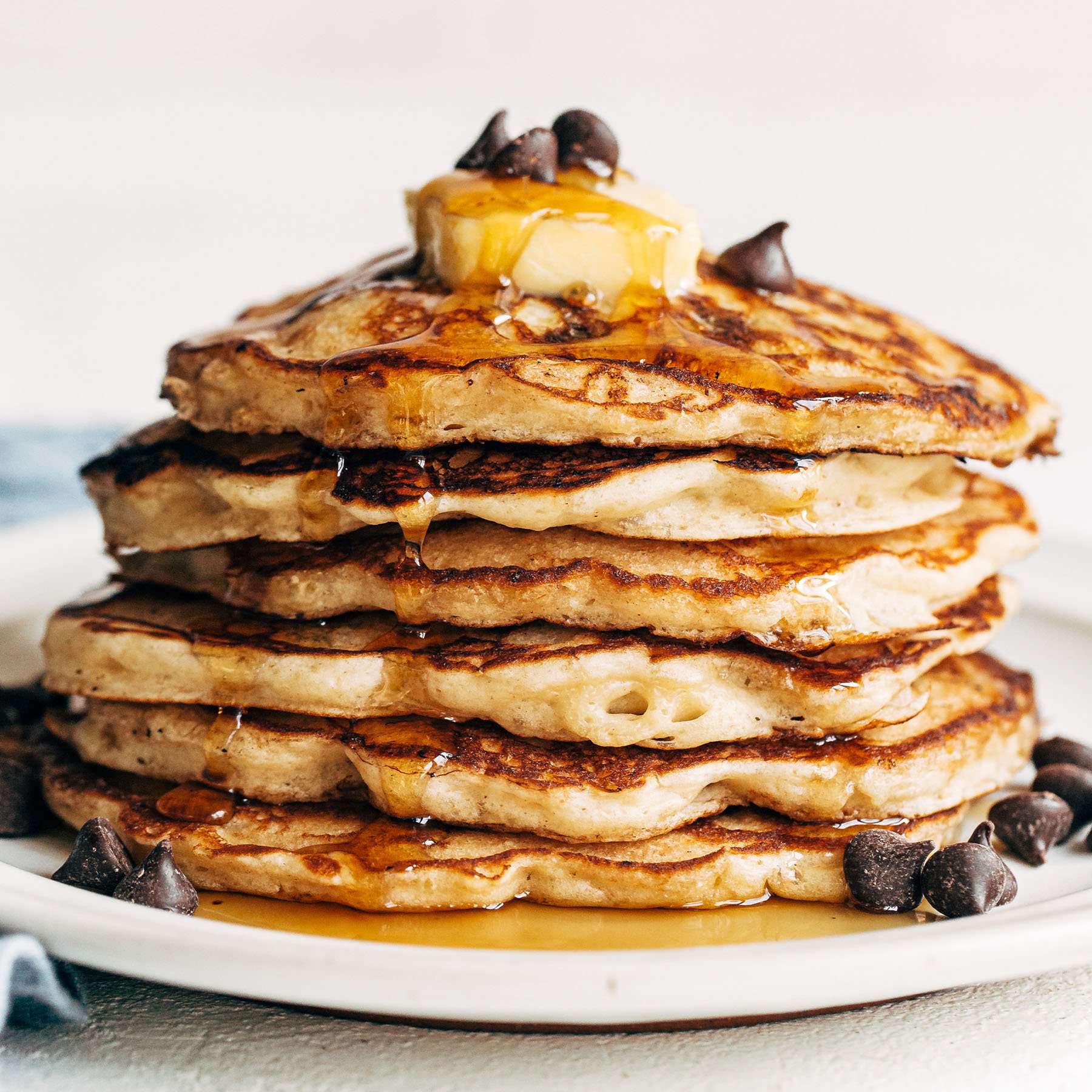 stack of homemade chocolate chip pancakes