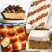 collage of a peanut butter pie, sweet potato casserole, hawaiian bread rolls, and pumpkin bars with brown sugar frosting