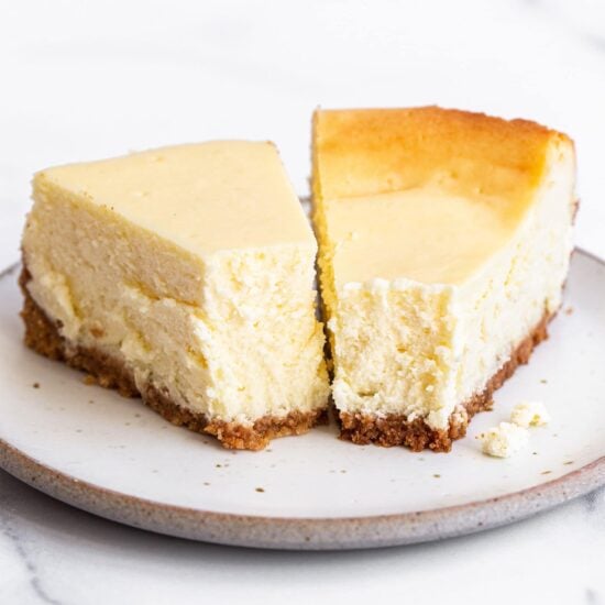 cheesecakes on a plate that have been baked with and without water baths