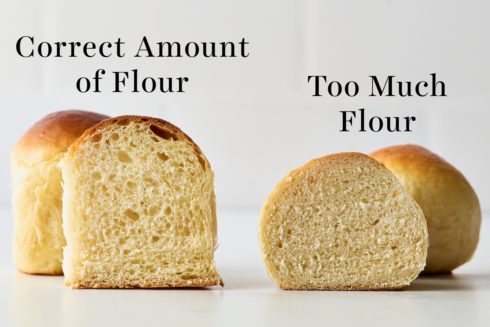 comparison of bread rolls with the correct amount of flour vs. too much flour
