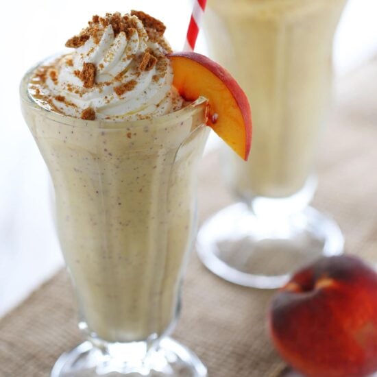 Peach Pie Milkshakes are perfectly frosty, fresh, and flavorful making them the perfect summer dessert recipe.