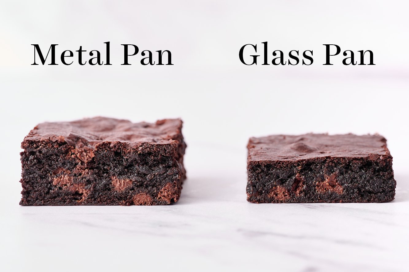 comparison in height differences of brownies baked in a metal pan vs. a glass pan