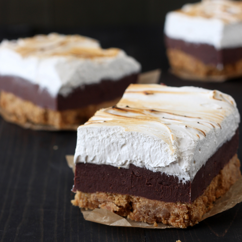 layered s'mores fudge bars on a dark background. You can see the beautiful distinct layers. So delicious!