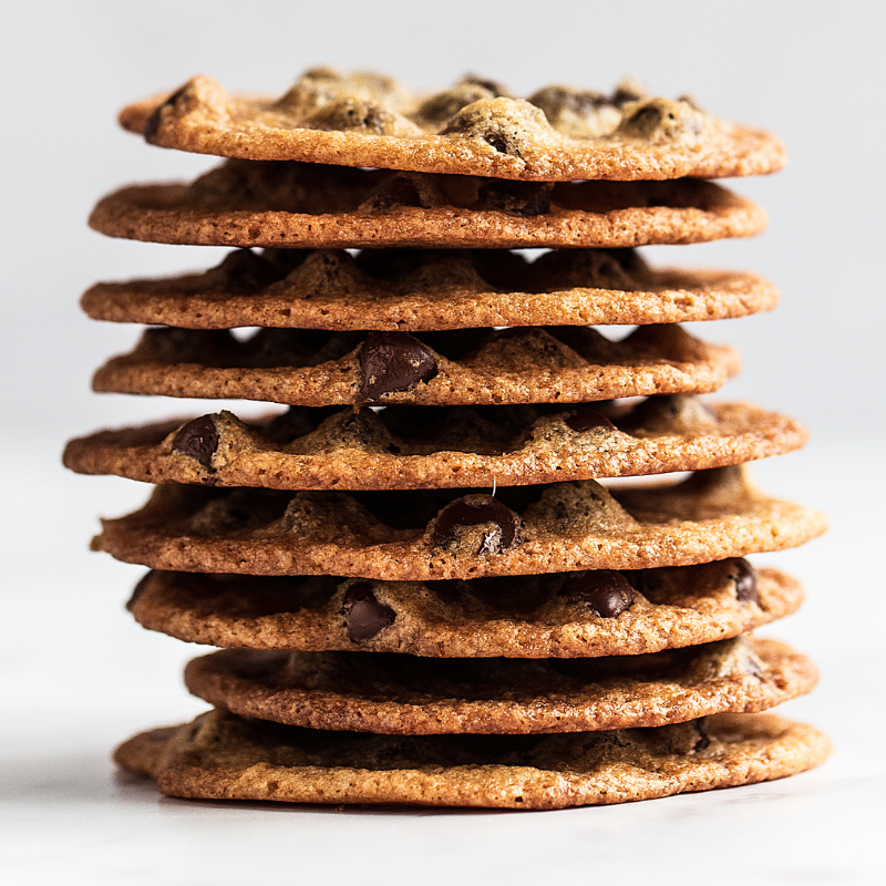 beautiful stack of thin and crispy chocolate chip cookies, just like Tate's only SO much better!